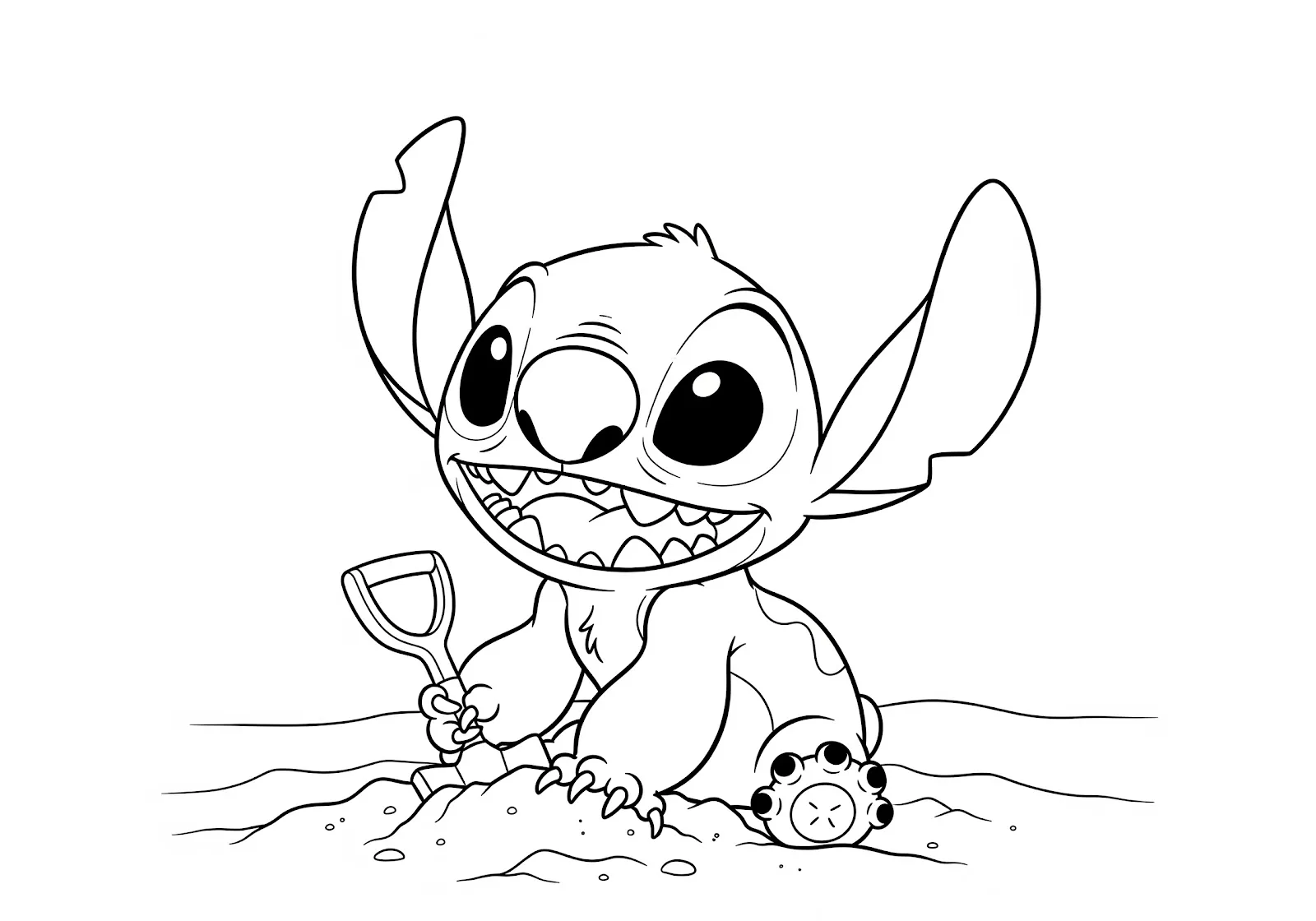 Desenho de Stitch brincando na praia para colorir