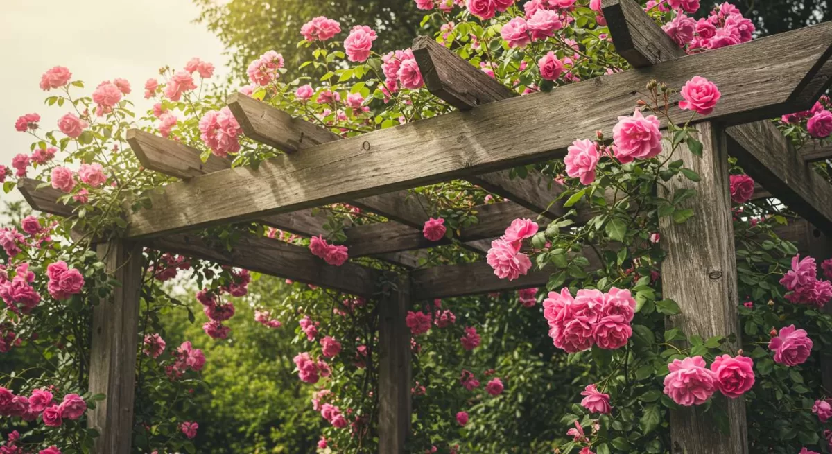 um pergolado com rosas trepadeiras