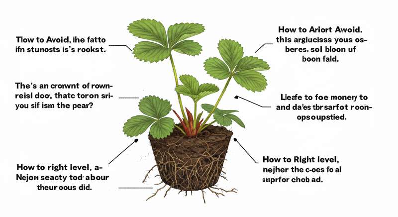 Diagrama mostrando a profundidade correta de plantio de um morangueiro, com a coroa no nível do solo