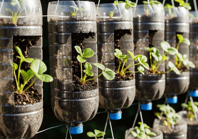 Garrafas PET de 2 litros cortadas na lateral para criar uma abertura retangular, cheias de terra e com pequenas mudas de morango. As garrafas estão suspensas por arame ou barbante.