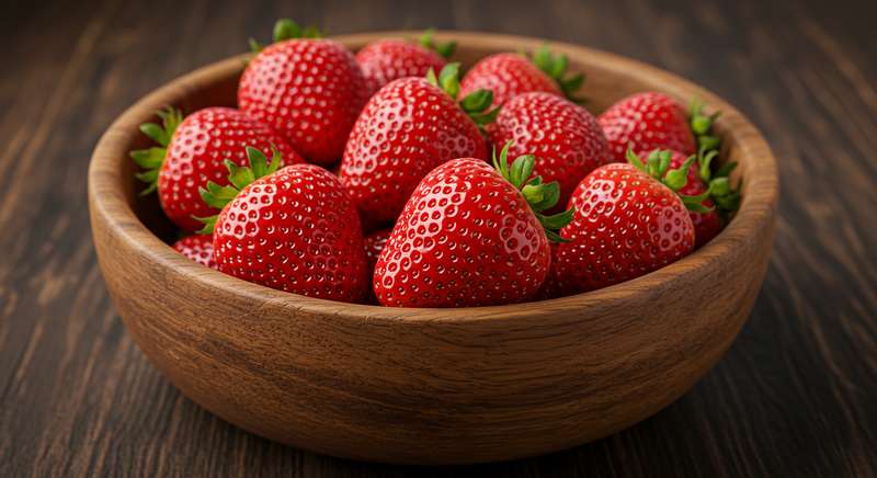 Morangos Albion grandes, firmes e vermelhos brilhantes, recém-colhidos, dispostos em uma tigela de madeira.