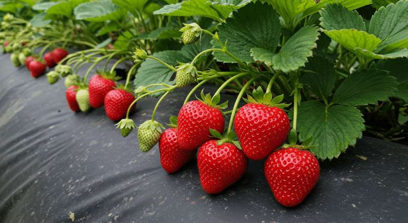 Morangos Oso Grande de tamanho impressionante, alguns ainda presos à planta com folhas verdes e vibrantes, destacando seu grande tamanho.