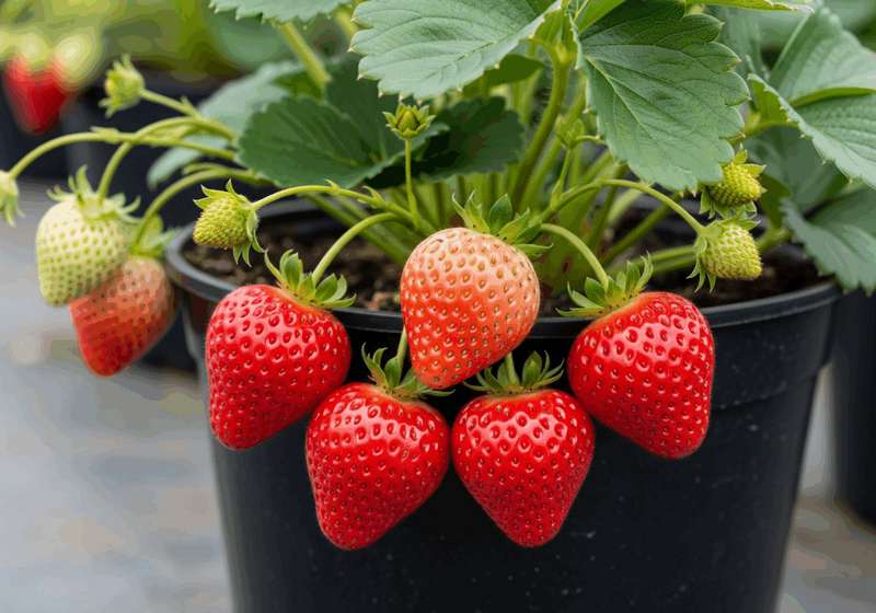 Morangos San Andreas maduros e perfumados, com sua doçura elevada e perfume marcante, ainda na planta em um vaso, mostrando seu porte compacto.