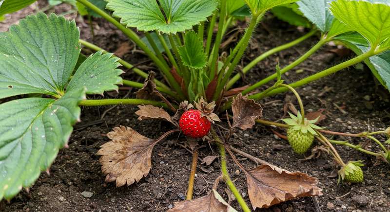 Morangueiro com estolões e folhas secas que precisam ser podados