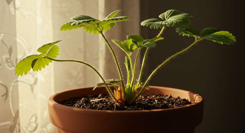 Morangueiros em um vaso estiolados, com caules finos e alongados, em um local com pouca luz solar