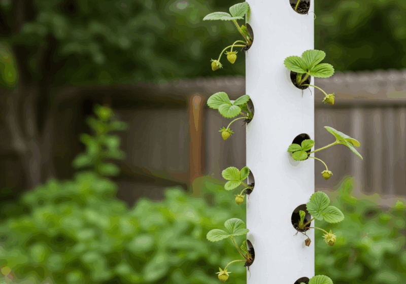 Um cano de PVC vertical, com buracos circulares cortados e mudas de morango crescendo para fora dos buracos.