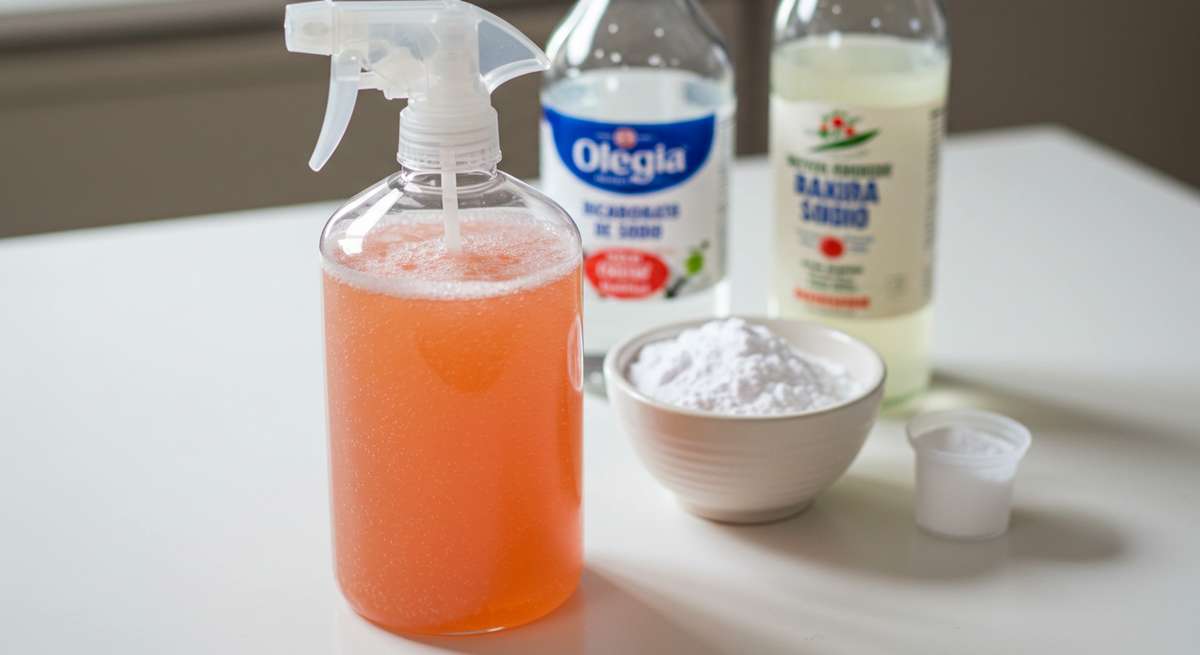 A spray bottle containing the homemade cleaning solution, with the ingredients (vinagre, bicarbonato de sódio, amaciante) arranged next to it.