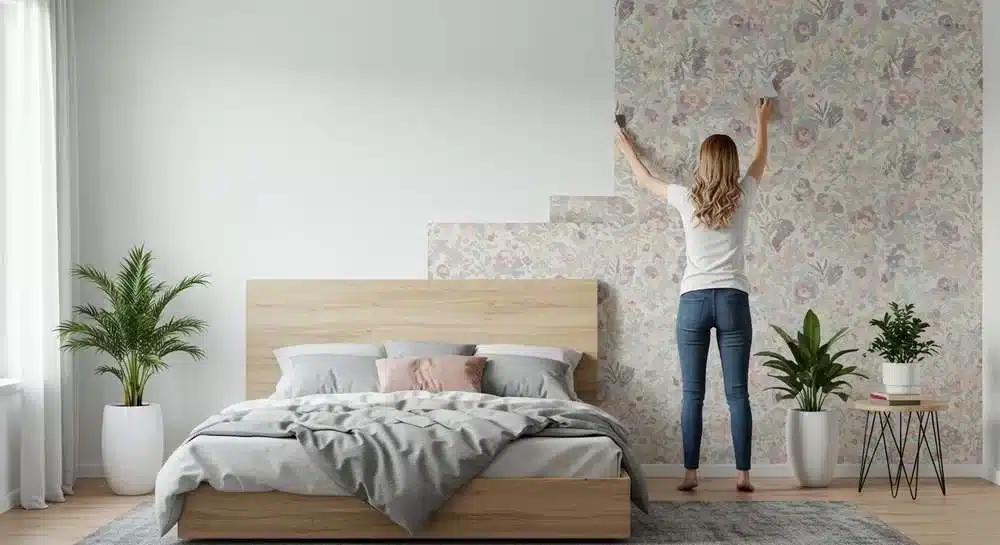 "Aplicando papel de parede removível em decoração renter-friendly para apartamento alugado