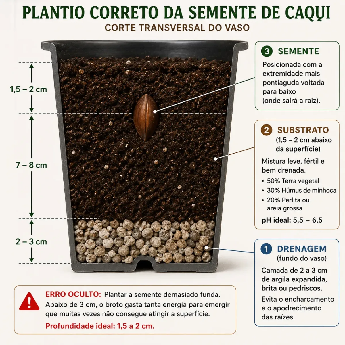 Diagrama de plantio correto de semente de caqui