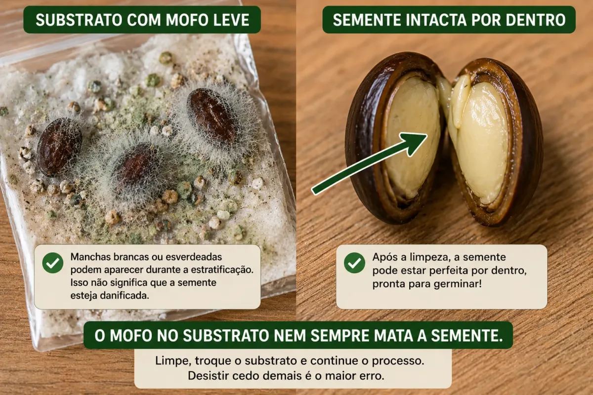 Foto comparativa mostrando substrato com mofo leve vs. semente intacta por dentro