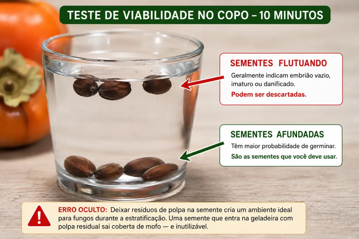 Foto real mostrando o teste de viabilidade no copo — sementes afundadas vs. sementes flutuando