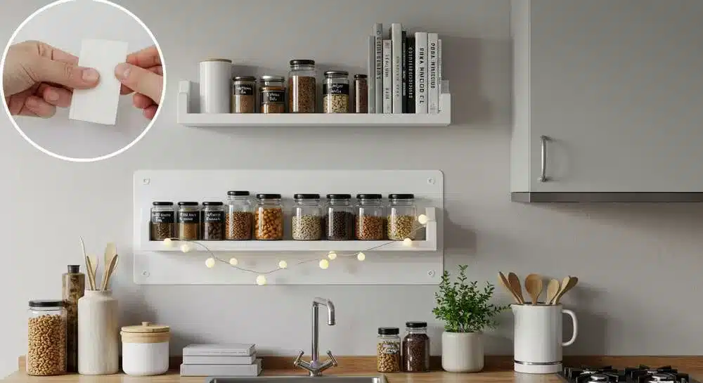Prateleiras adesivas em decoração renter-friendly: armazenamento prático para apartamentos alugados sem furos.