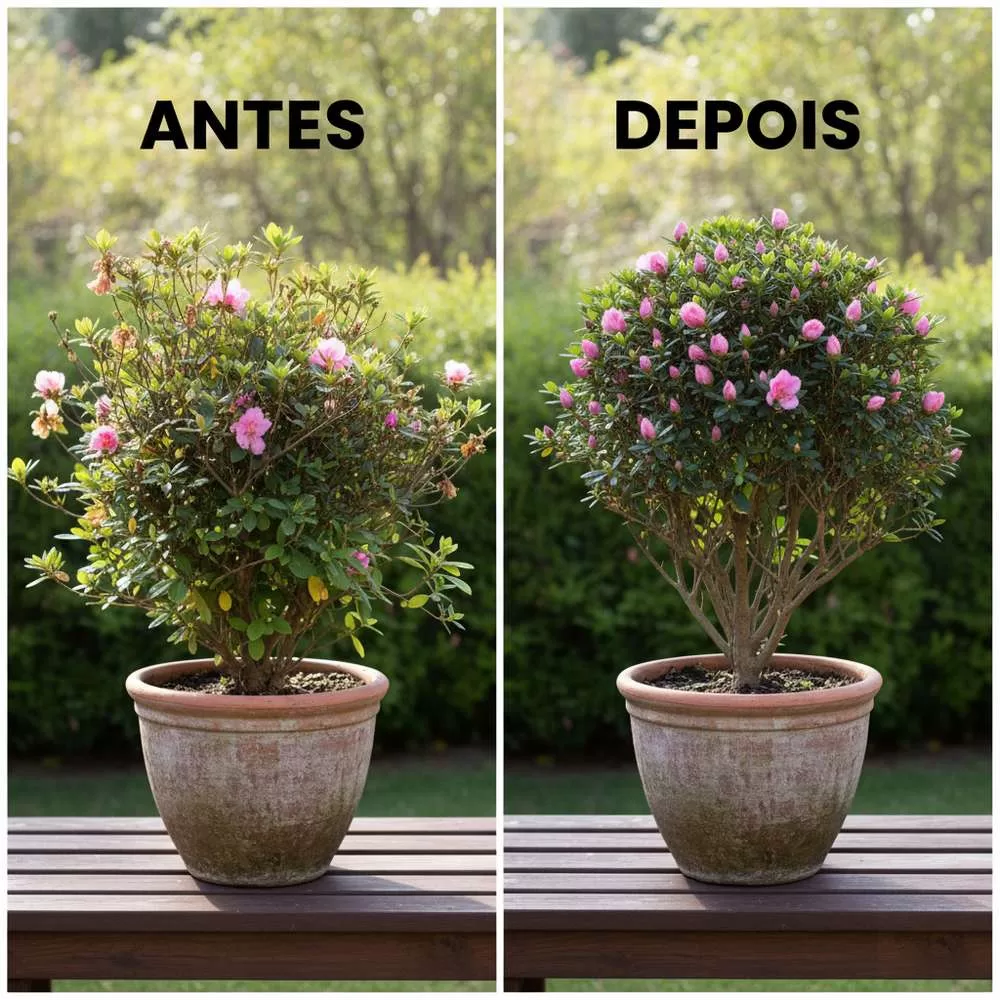 Azaleia antes e depois da poda de formação