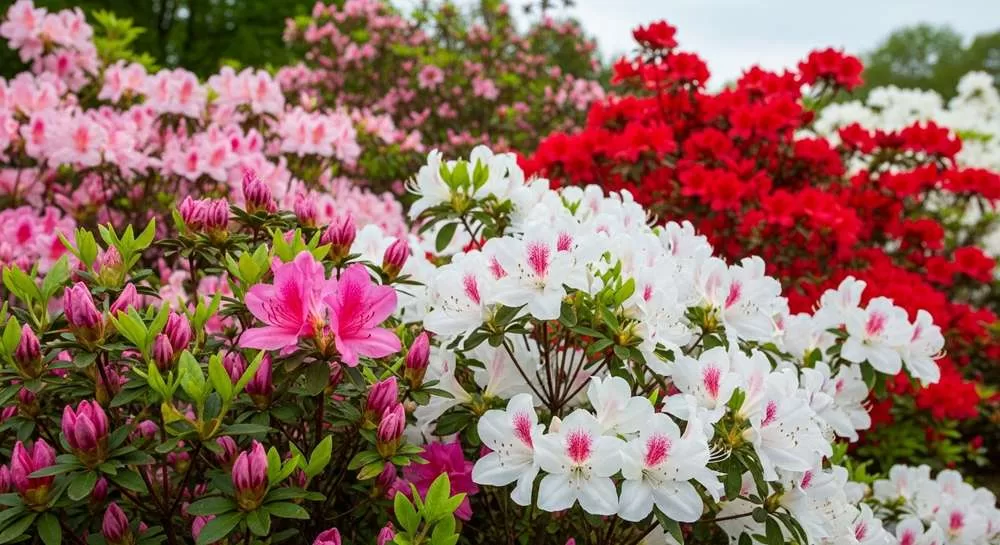 Variedades de azaleia com flores rosa, branca e vermelha