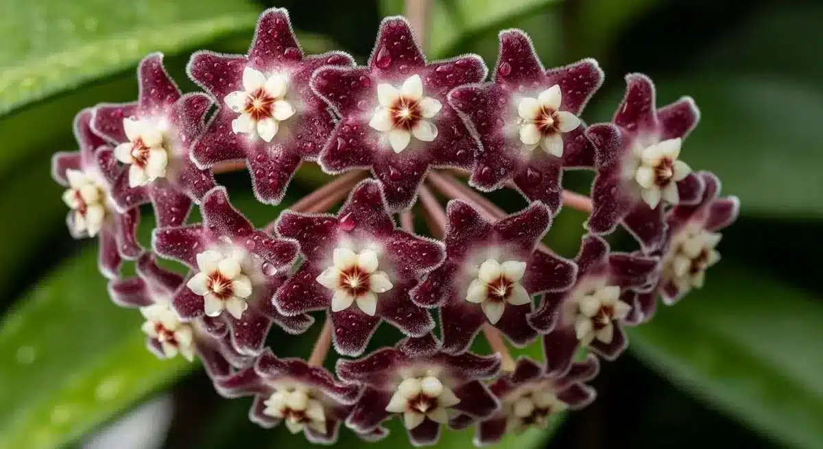Flor de cera negra Hoya carnosa em formato de estrela com pétalas aveludadas
