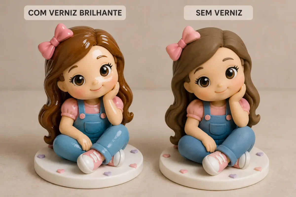 peça de biscuit finalizada com verniz brilhante ao lado de peça sem verniz