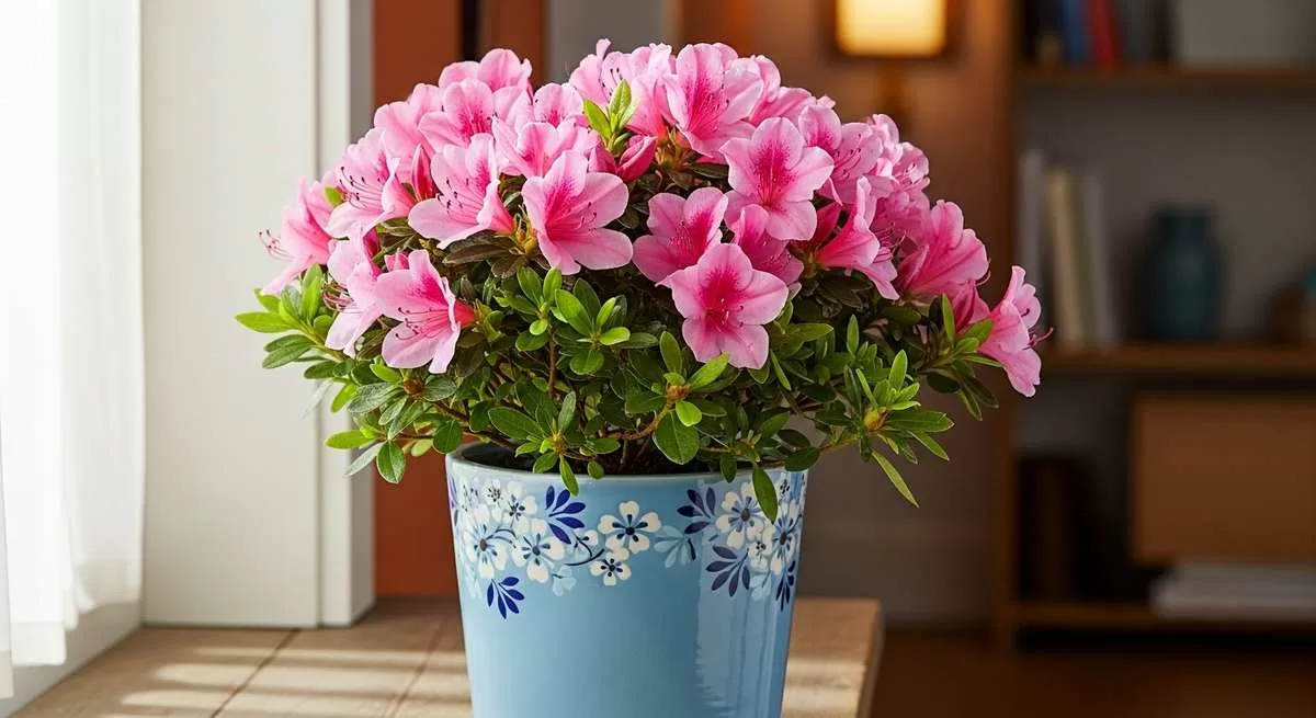 Azaleia rosa em vaso decorativo para cultivo doméstico
