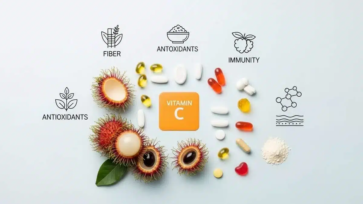 Composição visual representando os benefícios nutricionais do rambutan