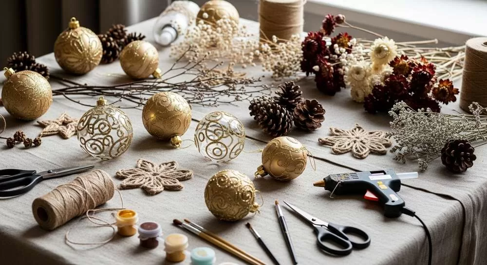 Decoração de Natal sustentável com materiais reciclados, juta, pinhas, flores secas e artesanato DIY ecológico