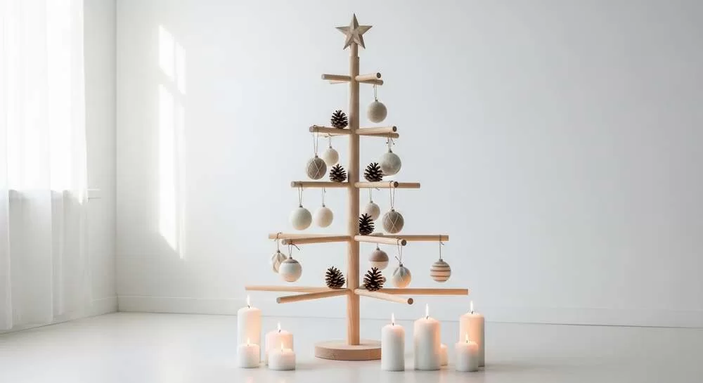 Árvore de Natal minimalista 2025 estilo escandinavo com enfeites neutros, pinhas naturais e velas brancas