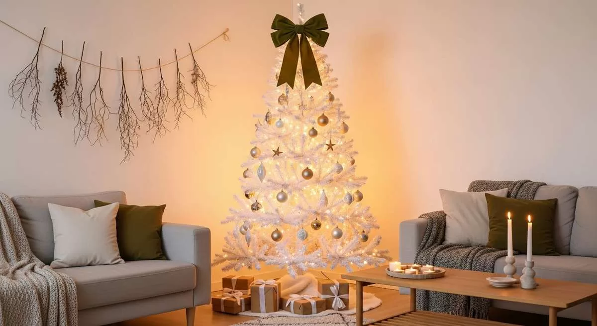 Decoração de Natal 2025 minimalista com árvore branca, laço gigante verde e iluminação LED âmbar em sala aconchegante