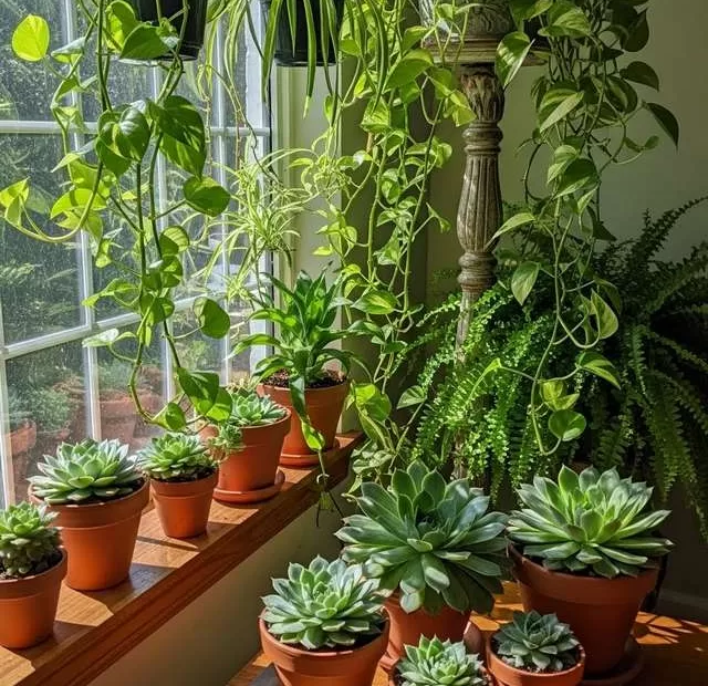 Arranjo de várias trepadeiras e suculentas verdes, seguras para animais, em luz solar intensa.