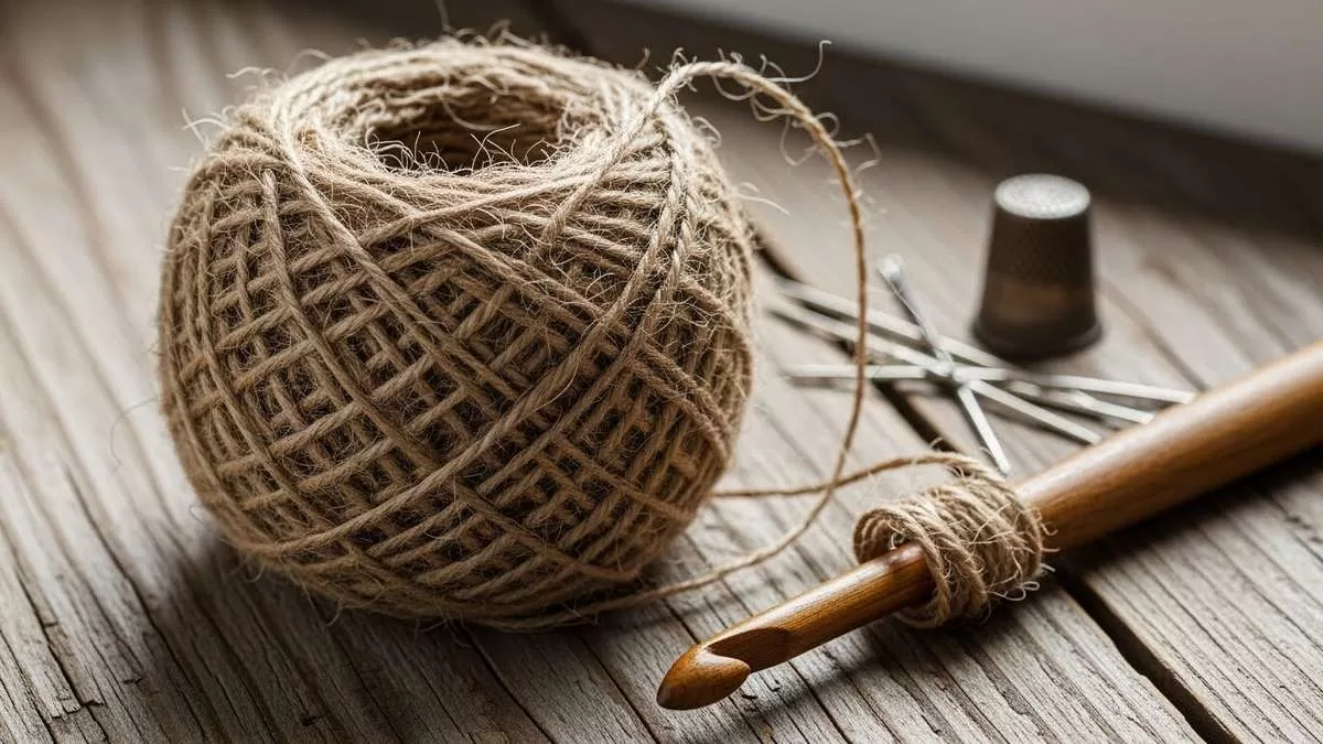 Close-up macro detalhado de um novelo de fio de juta natural