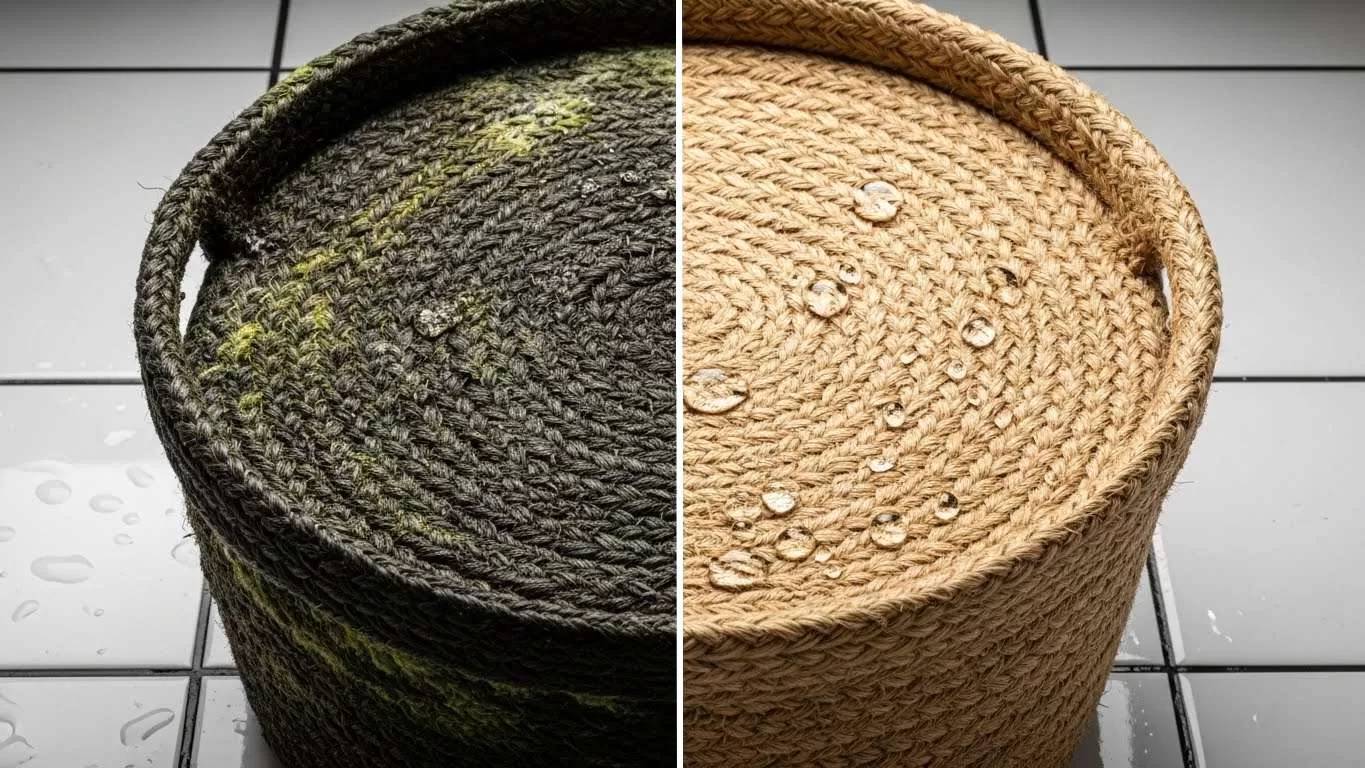 Um cesto de juta na metade esquerda está encharcado e começando a mofar