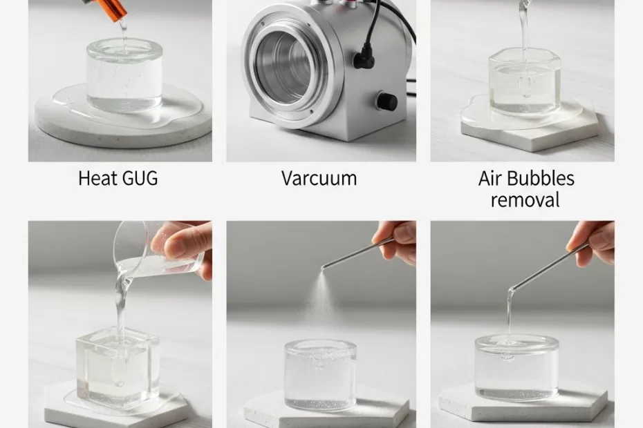 Resina epóxi clara cheia de bolhas de ar sendo aquecida.