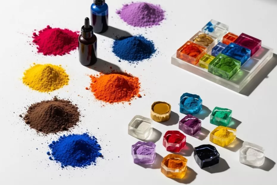 Pós, tintas, corantes resina epóxi em recipientes transparentes.