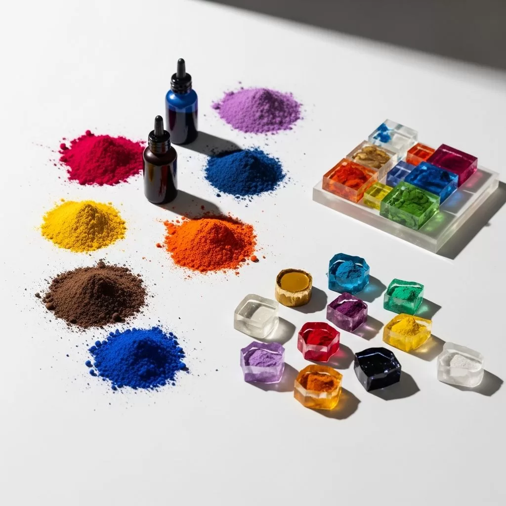 Pós, tintas, corantes resina epóxi em recipientes transparentes.