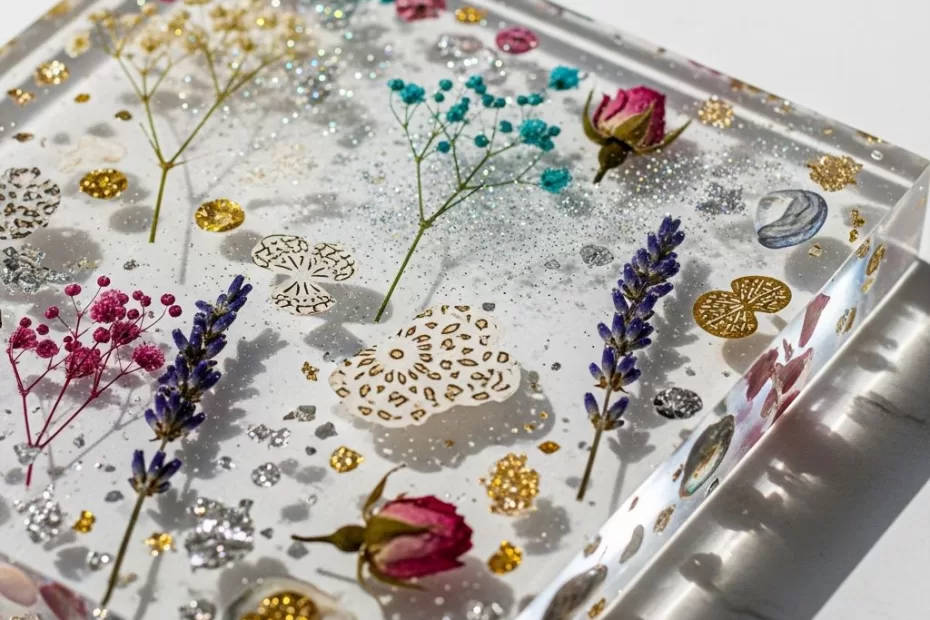 Flores, glitter, papel e outros elementos em resina.