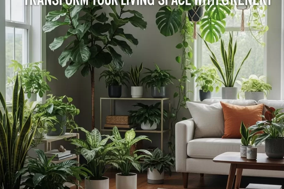 Sala de estar moderna decorada com diversas plantas verdes de interior.