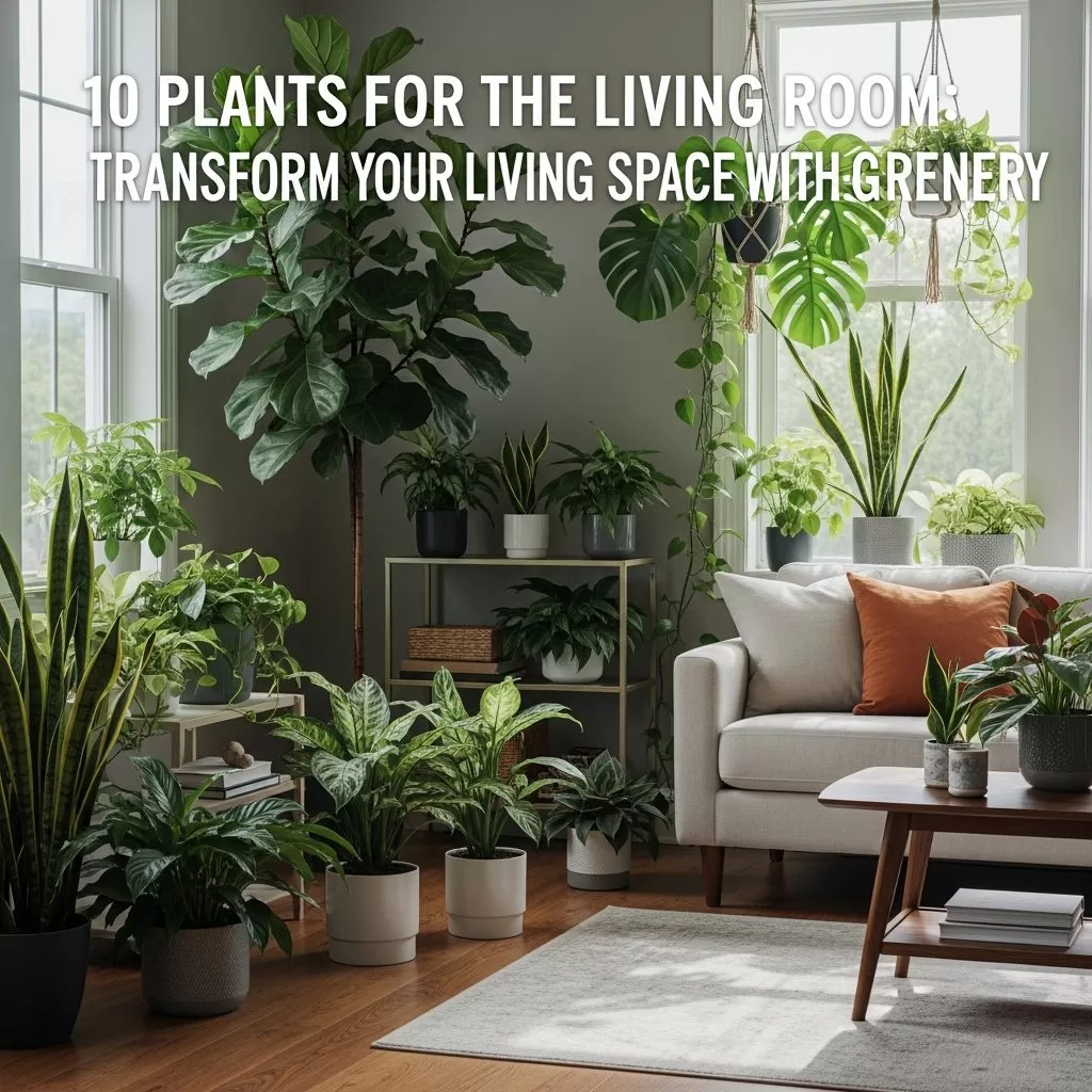 Sala de estar moderna decorada com diversas plantas verdes de interior.