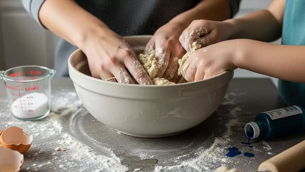 Close-up de mãos fazendo massinha de modelar caseira com farinha, sal e corante, atividade sensorial de DIY que ensina crianças