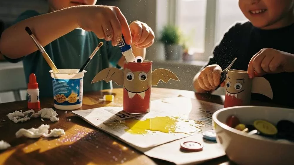 Criança criando monstrinhos com rolo de papel higiênico reciclado na mesa da cozinha bagunçada, mostrando DIY familiar fácil e