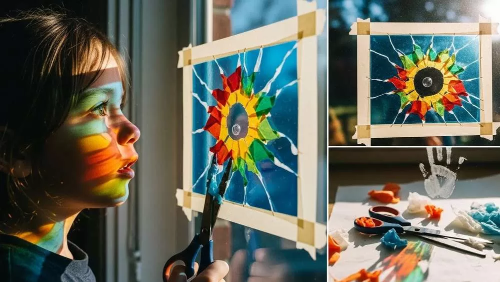 Criança maravilhada com apanhador de sol de papel de seda colado na janela, projeto de artesanato fácil que cria luz colorida e