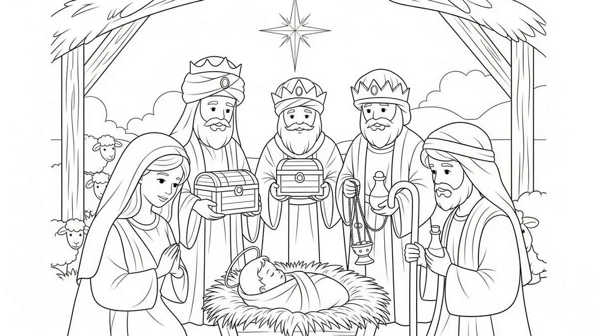 Desenho bíblico da Manjedoura e o Nascimento de Jesus, com Maria, José e os Reis Magos, pronto para colorir.