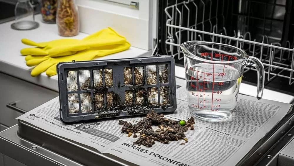 Filtro removido e sujo de uma lava-louças com restos de comida e calcário, sobre jornal, com vinagre branco ao lado para limpez
