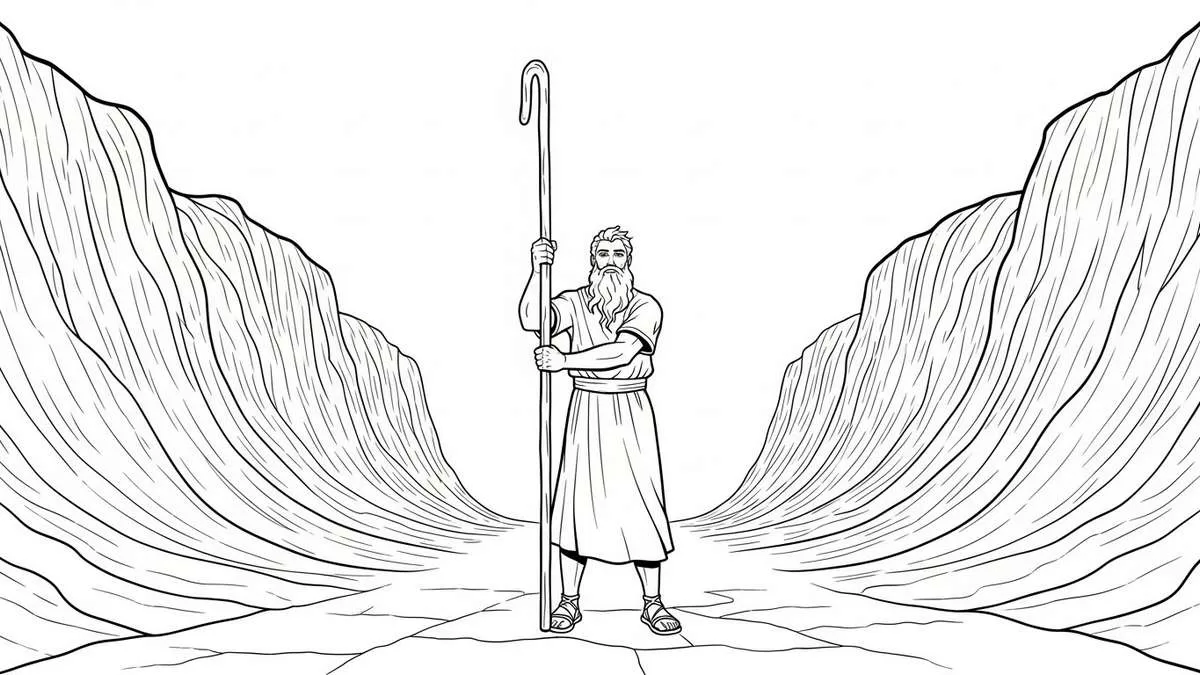 Imagem para imprimir de Moisés com o cajado abrindo as águas do Mar Vermelho, estilo infantil P&B.