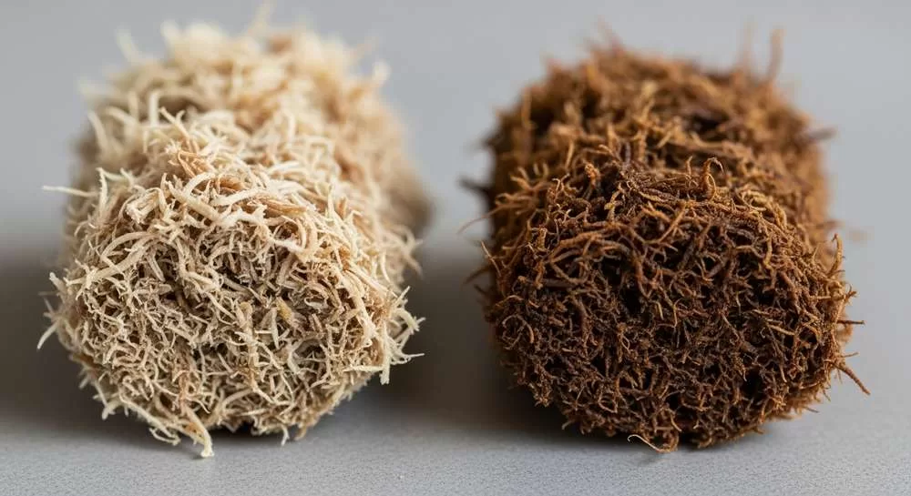 Close de duas porções de musgo esfagno lado a lado sobre uma superfície neutra.