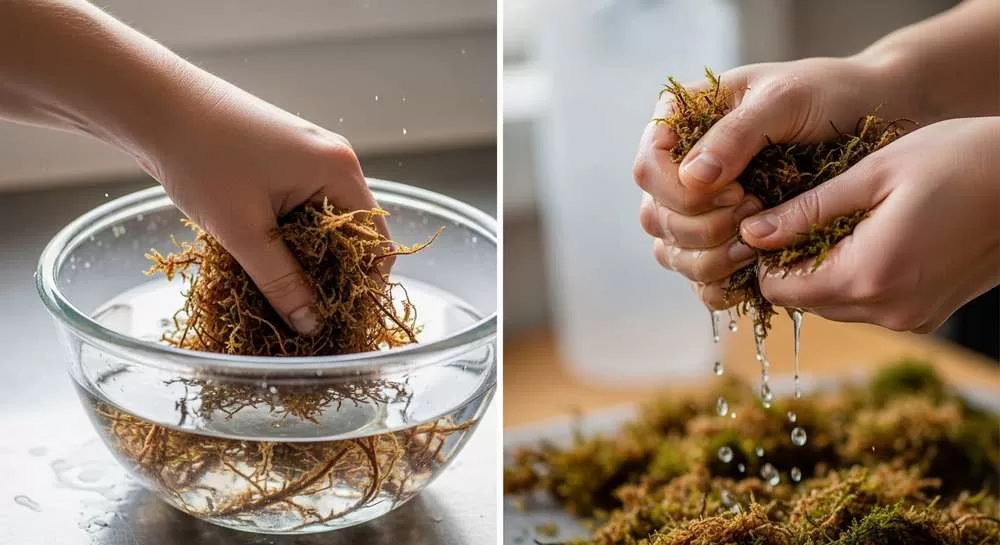 Close de mãos em uma cozinha ou bancada.