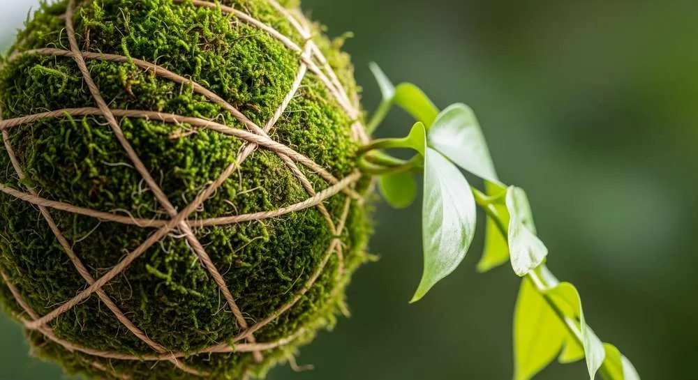 Close de uma kokedama de samambaia (ou jiboia) suspensa. O foco está na esfera de musgo verde e texturizado