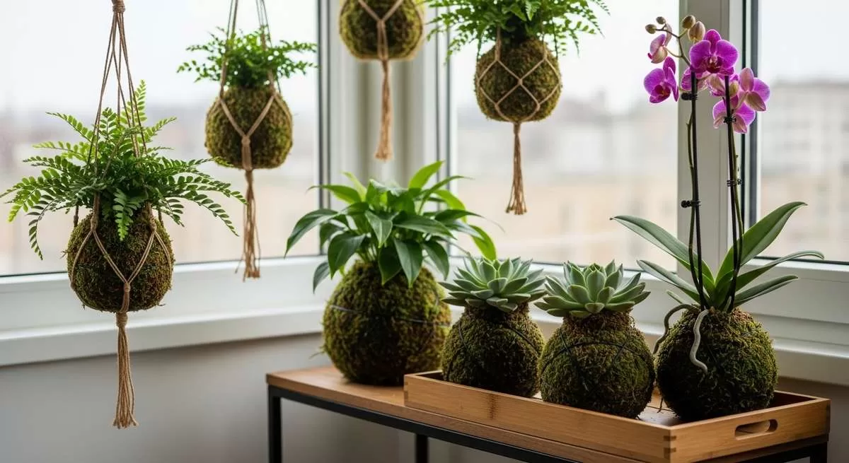 Um canto claro de uma sala ou varanda. Várias kokedamas de diferentes tamanhos e tipos estão dispostas