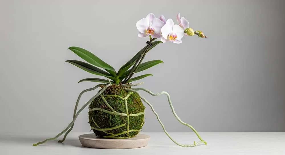 Uma kokedama de orquídea Phalaenopsis apoiada sobre uma base de madeira clara ou pedra.