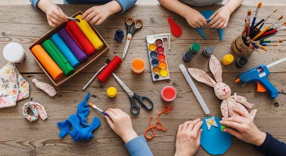 Vista de cima (flat lay) de uma mesa de madeira desgastada, coberta com materiais de artesanato de Páscoa