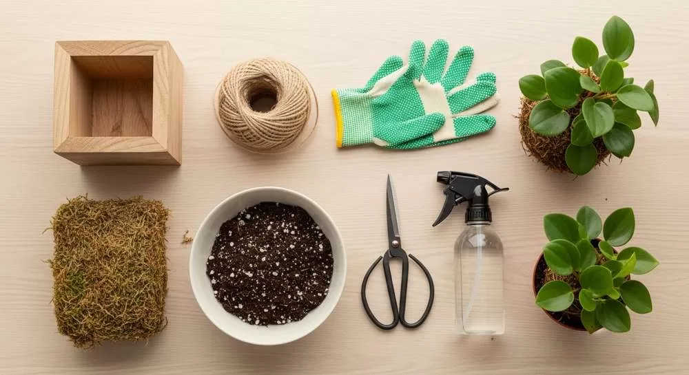 Vista de cima (flat lay) sobre uma mesa de madeira clara. Os materiais estão dispostos de forma organizada e atraente