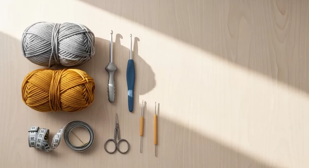 Materiais crochê novelos agulhas organização mesa
