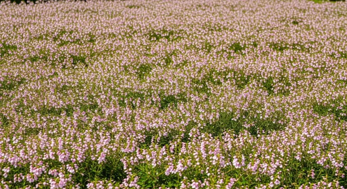 Vista panorâmica de um canteiro de jardim repleto de Chuva de Prata (Cuphea hyssopifolia)