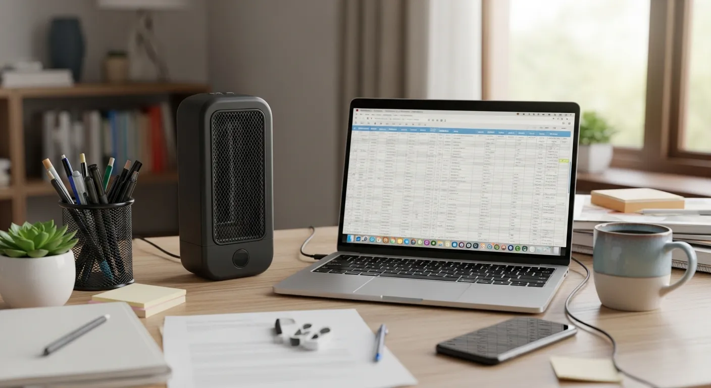 Aquecedor portátil sem fio em mesa de escritório